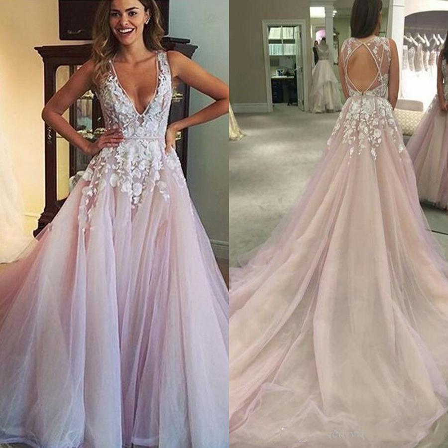 deep v neck pink prom dresses 2021 lace ...